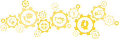 Illustration mit gelben Zahnrädern und verschiedenen Service-Icons